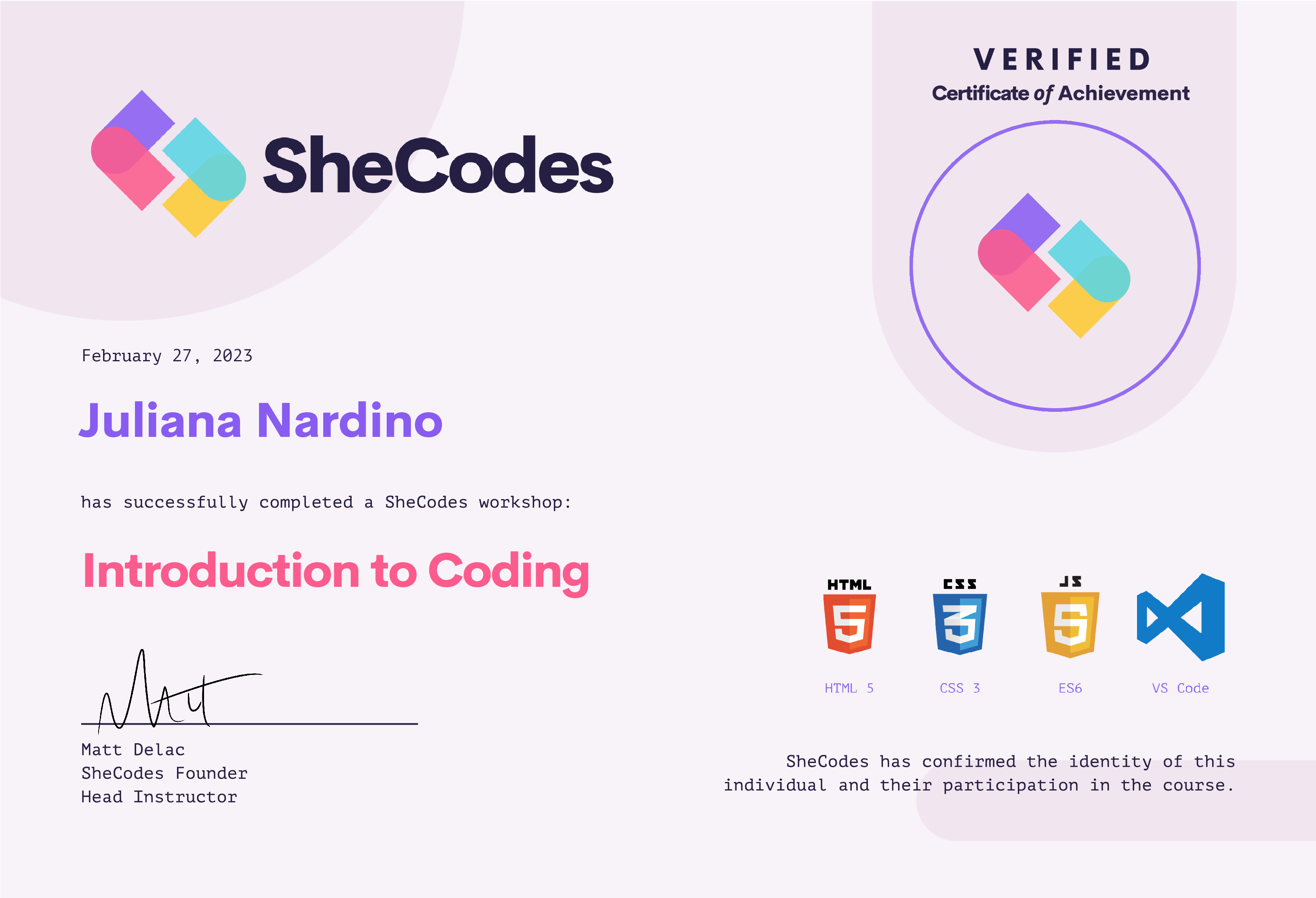 SheCodes Certificate Basics